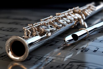 Obraz premium Flute resting on sheet music in a creative music arrangement setting