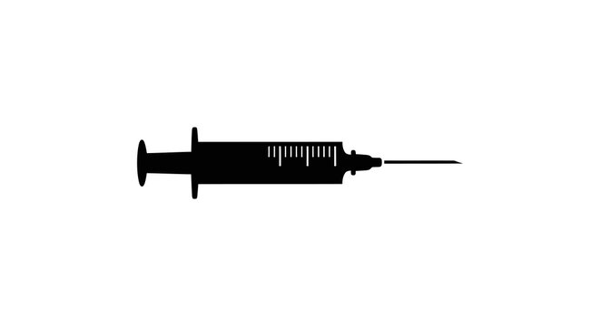 A simple black silhouette icon of a medical syringe used for injections or vaccinations isolated on a plain white background