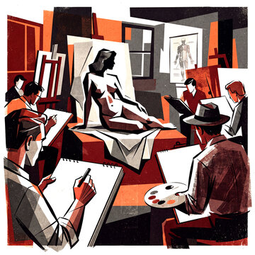 model in life drawing class Graphic poster style illustration