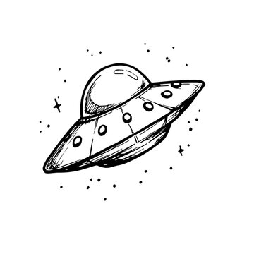 Hand drawn UFO flying in space. Sketch of alien spaceship exploring the galaxy.