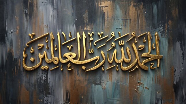 Islamic Arabic calligraphy wall art in metallic gold script on dark textured background, elegant religious typography design for luxury home and mosque decor