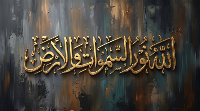 Golden Arabic Islamic calligraphy artwork on textured stone background featuring a Quranic verse about divine light, ideal for spiritual home and mosque decor
