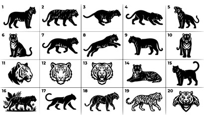 Tiger Silhouette Vector Collection with Wild Cat Mascot Logo and Tattoo Design Elements © Nela
