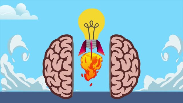 Animation of brain opening to show rocket in the shape of a light bulb taking off from inside 