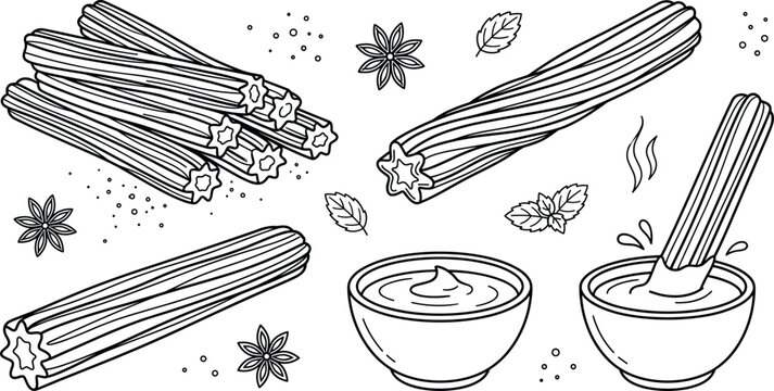 Churros dessert with chocolate sauce line art vector illustration elements set with cinnamon star anise pile bowl mint