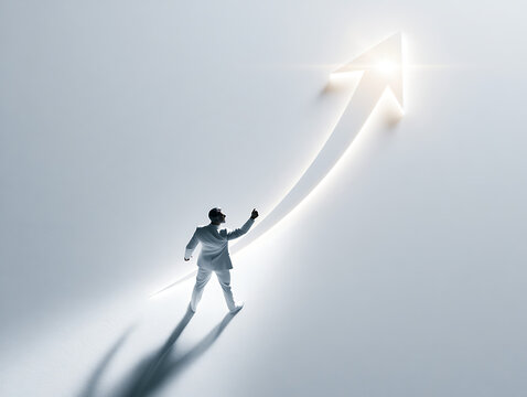 Businessman walking towards a large glowing upward arrow, isolated on transparent background PNG.