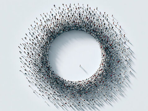 Small person standing in the center of a massive crowd forming a circle isolated on transparent