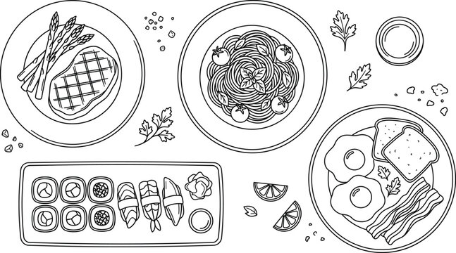 Dinner and breakfast food dishes line art vector illustration elements set with steak pasta sushi egg bacon spaghetti