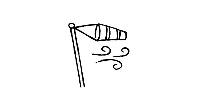 4K hand drawn windsock wind speed icon featuring boiling line animation. Frame by frame line art on black and green screen backgrounds for direction indicator, airport meteorology, and breeze.