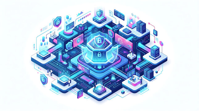 Cybersecurity concept: isometric digital network with central shield protecting connected data servers and cloud infrastructure