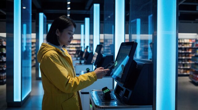 Young woman pays using smartphone contactless at automated checkout in bright modern store. Customer uses mobile for easy fast payment at self service kiosk. Retail tech innovation.