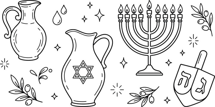 Hanukkah Jewish holiday line art vector illustration elements set with menorah dreidel oil jug olive branch and stars