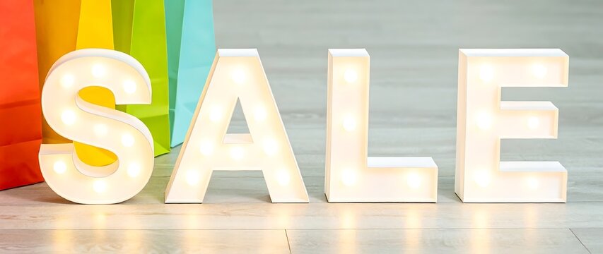 Lit up SALE sign with colorful shopping bags