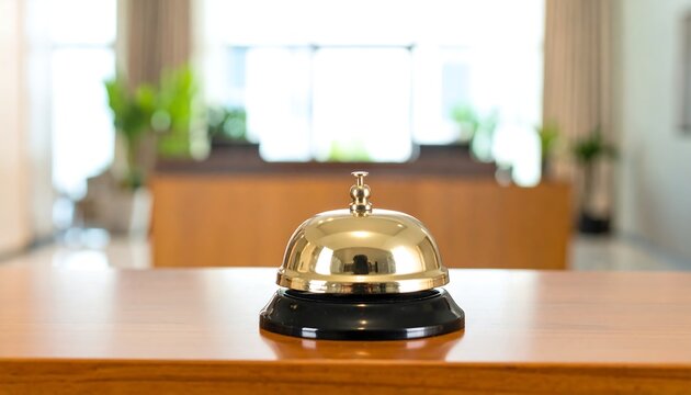 Golden Bell Resting On A Wooden Table In Front Of A Window