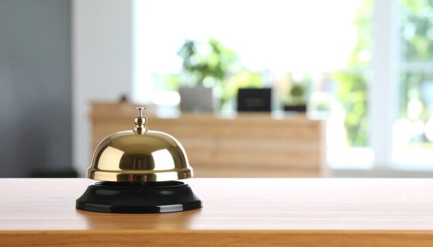 Shiny Golden Hotel Bell on Wooden Desk by Blurred Reception Area