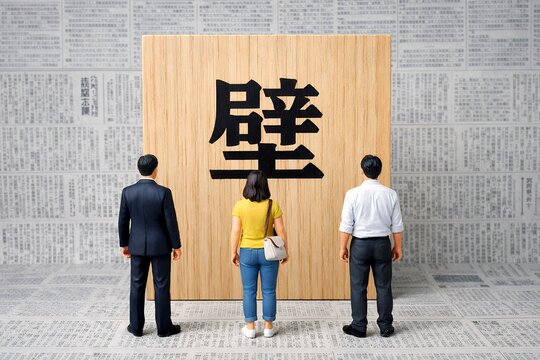 行く手を阻む壁に直面し困難な課題を考察する人々