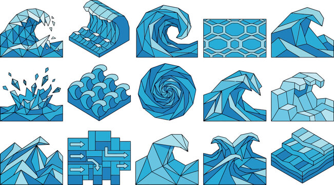 Collection of geometric water waves and abstract patterns rendered in a modern low poly vector style for marine and digital designs