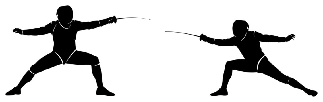 Fencing athletes competing with swords in dynamic combat poses black silhouette style