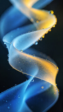 Beautiful glowing blurred frosted glass wavy aura ribbon background with grainy holographic texture droplets vertical composition for mobile device blue yellow wallpapers.