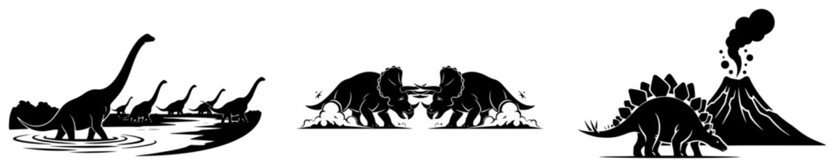 Dinosaur silhouettes of brachiosaurus and triceratops with erupting volcano in minimalist landscape style © Camel
