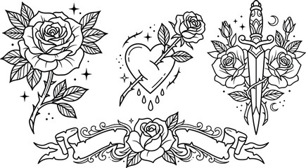 Fototapeta premium Traditional old school tattoo flash vector collection with line art rose dagger pierced heart and blank ribbon banner