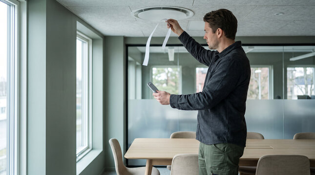 Airflow check beneath a meeting room ceiling diffuser