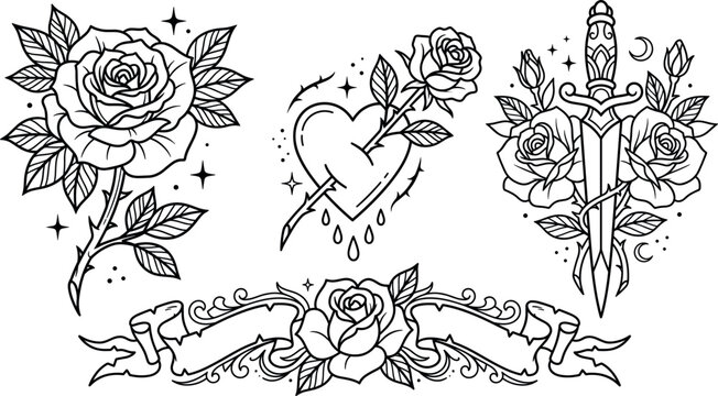 Traditional old school tattoo flash vector collection with line art rose dagger pierced heart and blank ribbon banner