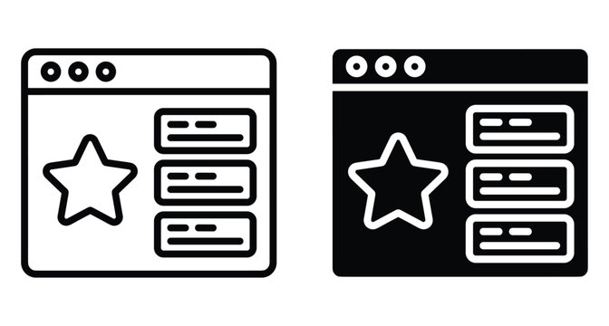 Web browser window icon set with star favorite bookmark symbol and list items for user interface design software application development