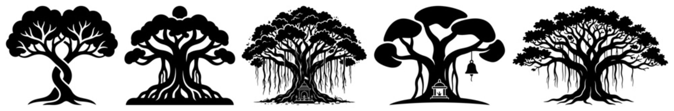 Banyan and baobab trees silhouettes collection with various root structures and canopies in flat vector style