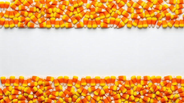 Candy corn pieces are densely scattered along the top and bottom edges of a plain white background, forming two horizontal borders around a central empty space.