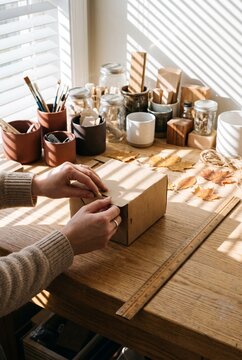Woman's hands carefully folding a cardboard box at a cozy wooden desk illuminated by soft sunlight through window blinds, ideal for small business packaging context