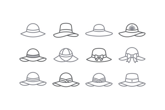 Minimalist summer straw hat icon collection with elegant brim shapes and ribbon details