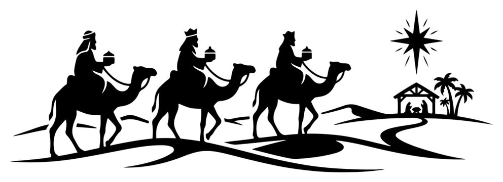 Three wise men on camels following the star to the nativity scene in silhouette style
