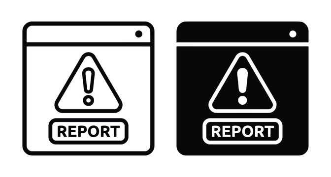 Browser window error report icon set with warning triangle exclamation mark and report button for web interface design and software