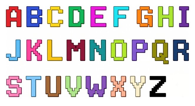 Colorful Pixel Art Alphabet Letters A-Z Uppercase Font on White Background