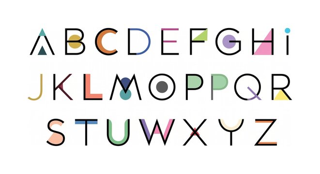 Modern Geometric Alphabet Letters A-Z with Colorful Shapes on White Background