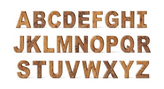 3D Wooden Alphabet Letters A-Z Uppercase Font Isolated on White Background