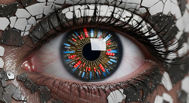 Close up of a human eye with digital technology and electronic circuit elements integrated into the iris and surrounding skin.