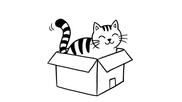 2D animation of a cute cat popping out of a falling box and wagging tail