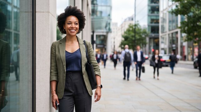 A confident businesswoman walks down a bustling city street, exuding professionalism and success amidst the urban landscape.