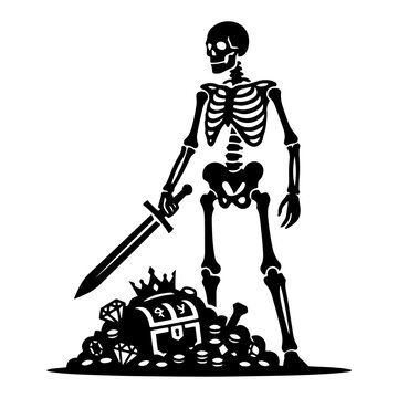 Undead skeleton warrior guarding a pile of treasure with sword and chest silhouette style