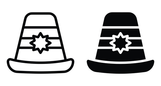 Pilgrim hat icon set for Thanksgiving holiday celebration featuring traditional colonial headwear with buckle in outline and solid black styles