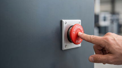 Naklejka premium Hand Pressing Emergency Stop Button