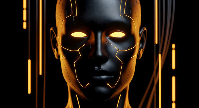 A futuristic humanoid robot face with glowing yellow neon lights and dark metallic texture against a dark background.