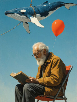 Elderly man sits reading book. Whale floats in blue sky tethered to balloon. Outdoor scene invites contemplation and imagination. Whimsical art style.