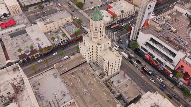 Aerial View of Historic Tower on Hollywood Boulevard, Los Angeles, California, USA. July 16, 2026