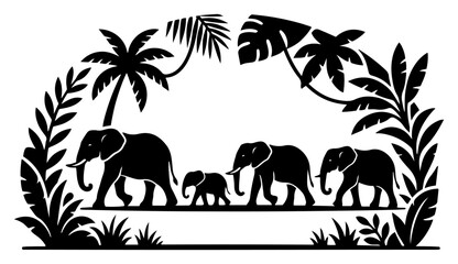 Elephant family walking through tropical jungle framed by palm leaves black silhouette style © Camel
