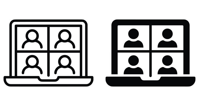 Video conference laptop icon set showing four participants in a grid layout for remote work online meetings and digital collaboration