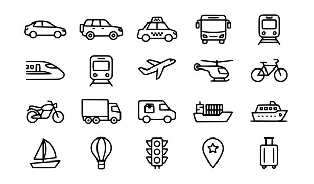 Black and white vehicle and transportation line icon set with car bus train airplane travel symbols vector illustration isolated on white background