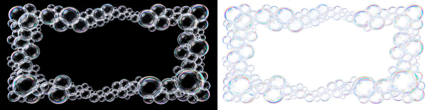 Realistic transparent soap bubble frame border with iridescent reflections isolated on transparent background for banners, invitations and templates